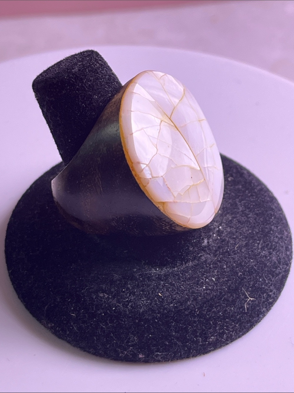 Mother of Pearl Stone Oval Statement Ring set on a wood Band Size 9